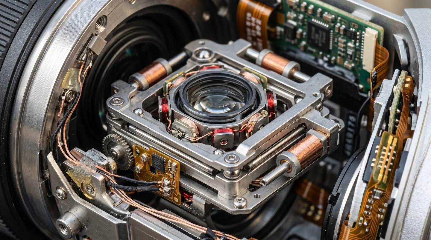 Gros plan macro sur le mécanisme interne d'un système de stabilisation optique avec lentilles flottantes et axes motorisés