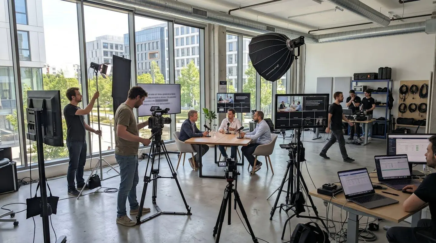 Un plateau de tournage vidéo contemporain lumineux avec trépieds, moniteurs et matériel professionnel disposé dans un studio moderne