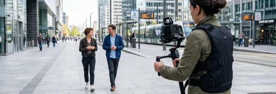 Un vidéaste professionnel filme en extérieur avec un caméscope stabilisé tenu à l'épaule, cadré de dos dans un environnement urbain contemporain lumineux